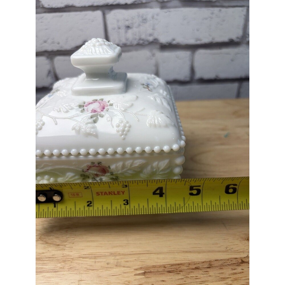Westmoreland Milk Glass Candy Dish Lidded Paneled Grape Painted Flowers Footed - Picture 11 of 13